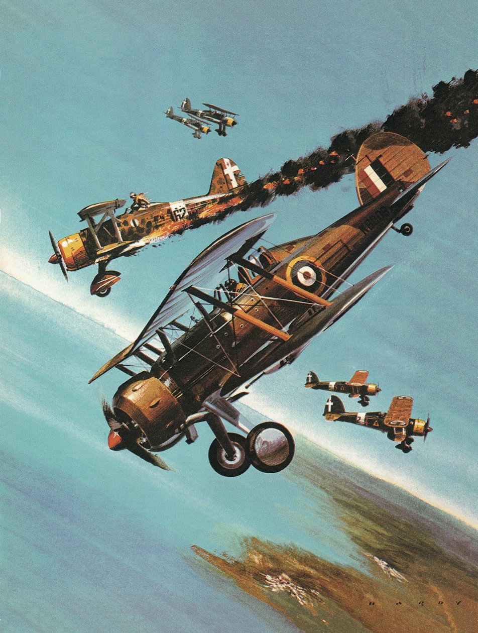 Beroemde vliegtuigen en hun piloten: De Gloster Gladiator -- Squadron Leader Pattle door Wilf (20th century) Hardy
