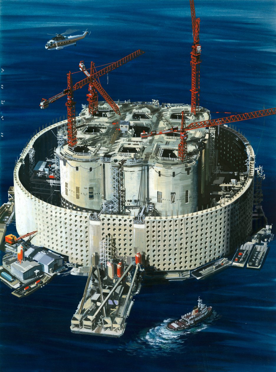 Gigantische betonnen en stalen olietank voor het Ekofisk-olieveld door Wilf (20th century) Hardy