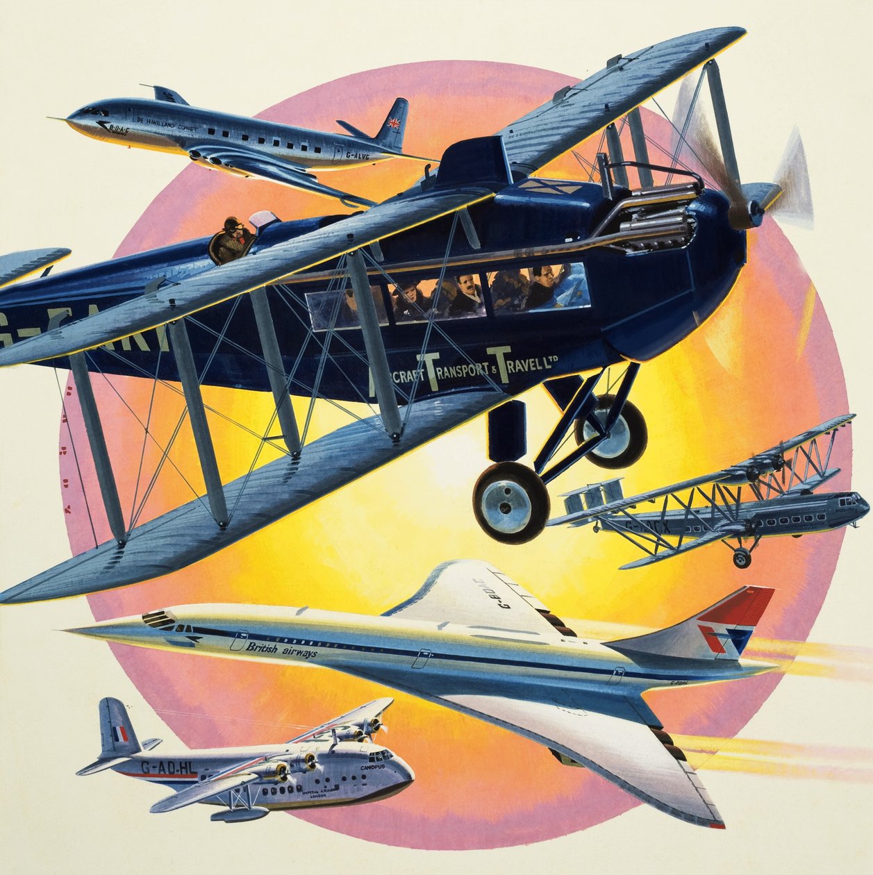 Montage van passagiersvliegtuigen waaronder de Concorde (gouache op papier) door Wilf (20th century) Hardy