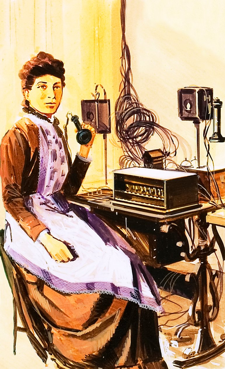 De telefooncentrale van Croydon in 1884 door Wilf (20th century) Hardy