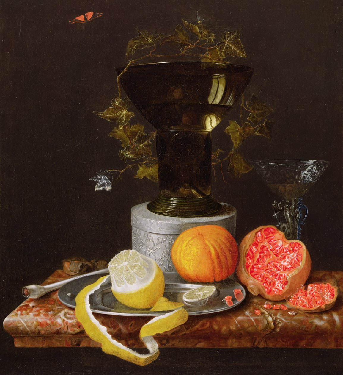 Een stilleven met een glas en fruit op een richel door Wilhelm Ernst Wunder