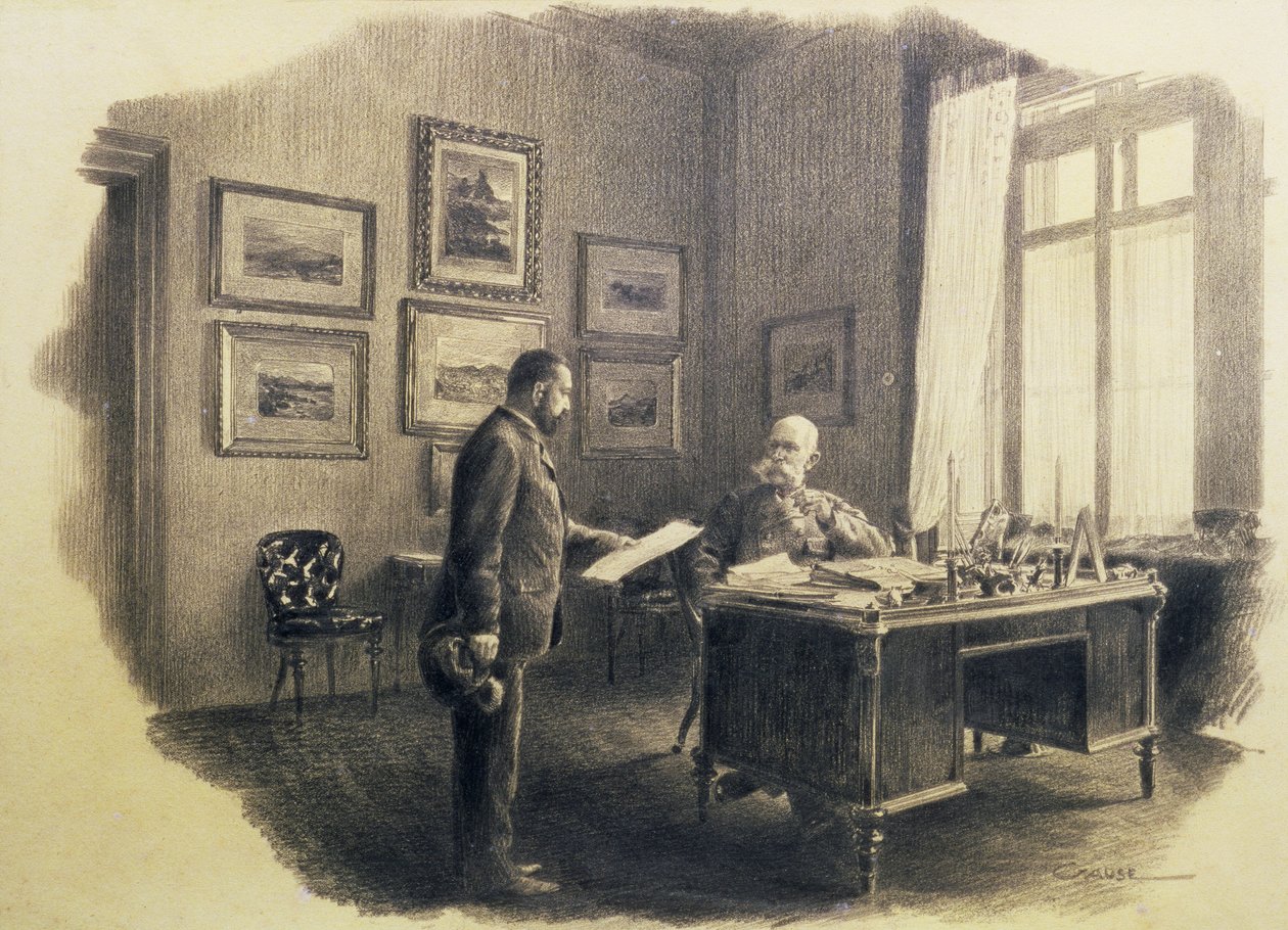 Keizer Franz Joseph I van Oostenrijk (1830-1916) aan zijn schrijftafel in Jagdrock door Wilhelm Gause