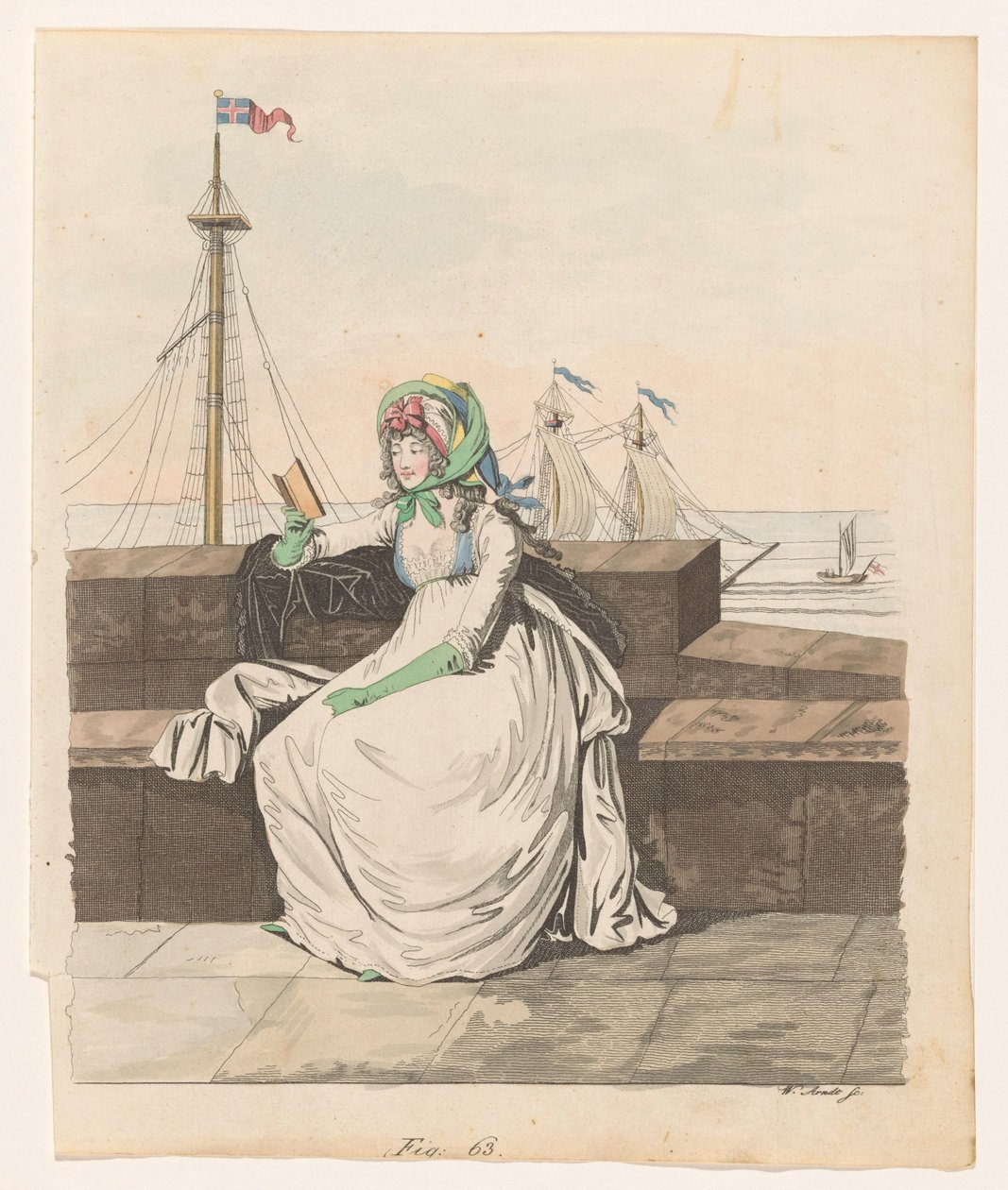 Lezende vrouw op een kade, zeilschepen in de achtergrond door Wilhelm Arndt