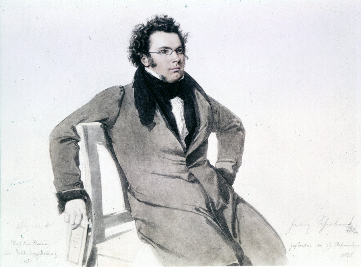 Franz Schubert (1797 - 1828), aquarel door August Reider door Wilhelm August Rieder