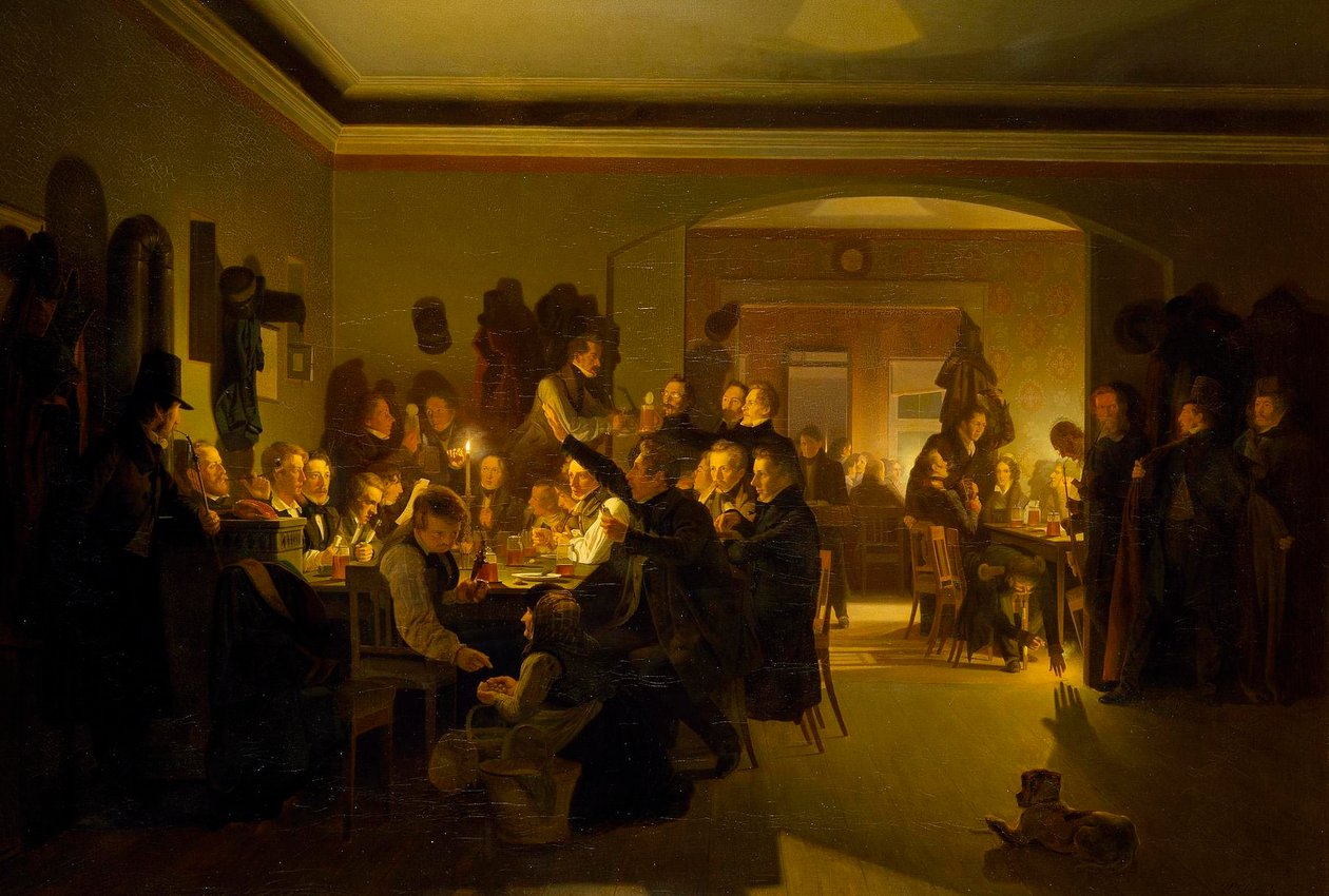 Kunstenaars in Fincks koffiehuis in München door Wilhelm Bendz