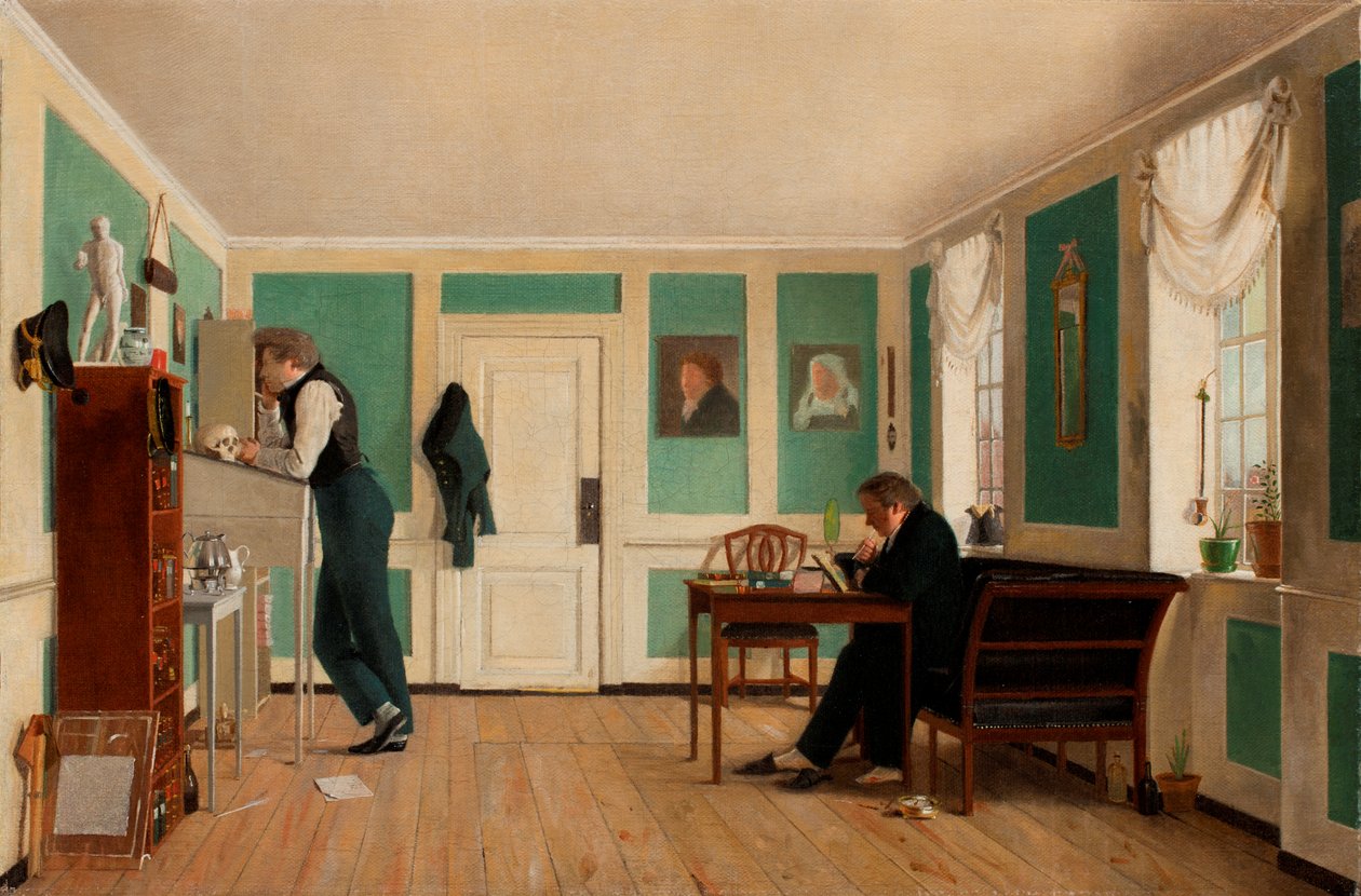 Interieur van Amaliegade. Kapitein Carl Ludvig Bendz staand en Dr. Jacob Christian Bendz zittend door Wilhelm Bendz