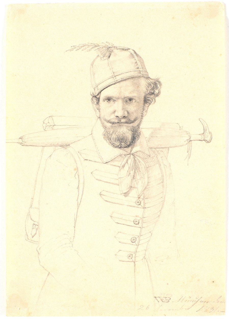 Zelfportret met rugzak door Wilhelm Bendz