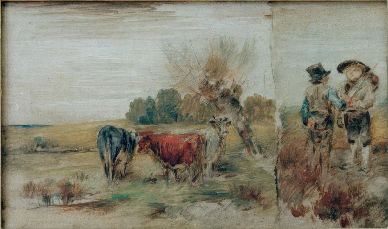 Dubbelbeeld: Koeien in de wei, twee boeren in gesprek door Wilhelm Busch