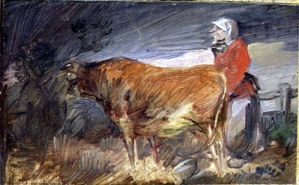Vrouw en een koe in een landschap door Wilhelm Busch
