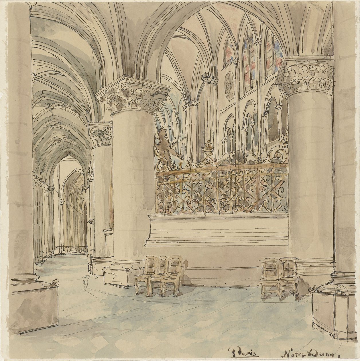 Interieur van de Notre-Dame te Parijs door Wilhelm Cornelis Bauer