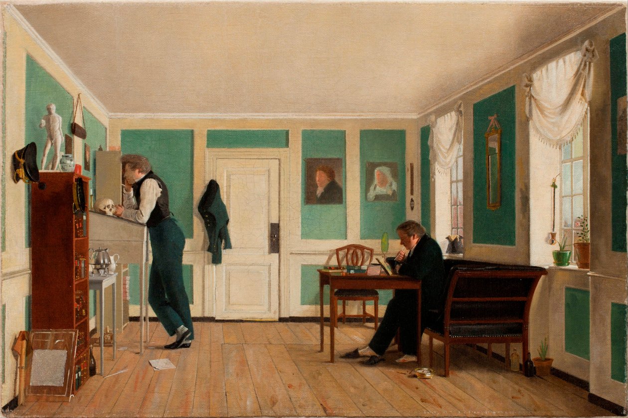 Interieur van Amaliegade, Kapitein Carl Ludvig Bendz staand en Dr. Jacob Christian Bendz zittend door Wilhelm Ferdinand Bendz