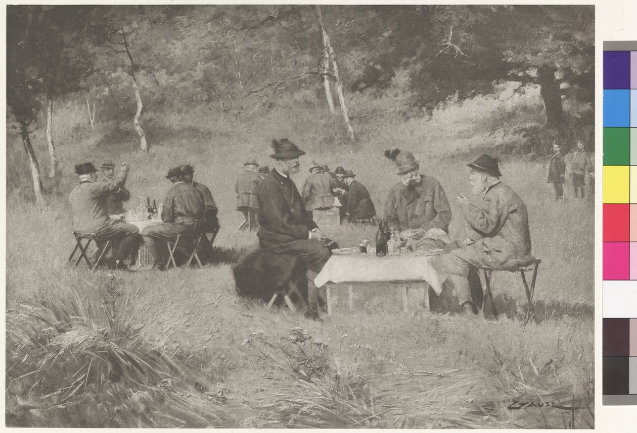 Jachtpartij - Keizer Franz Joseph aan tafel met prins Leopold van Beieren en Groothertog Ferdinand IV van Toscane door Wilhelm Gause