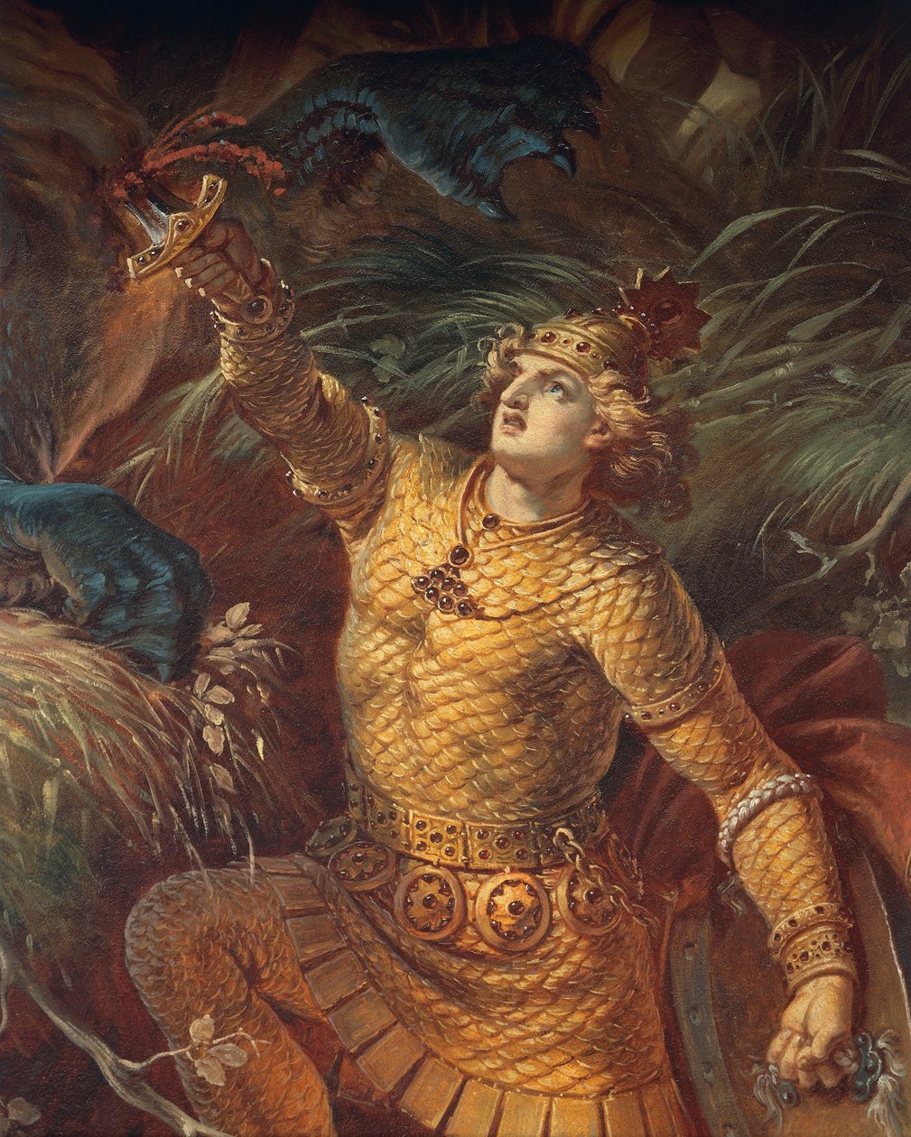 Sigurd doodt de draak Fafuir met het Gram zwaard, detail, uit de Sigurd Saga, Lower Hall, c.1882-83 door Wilhelm Hauschild