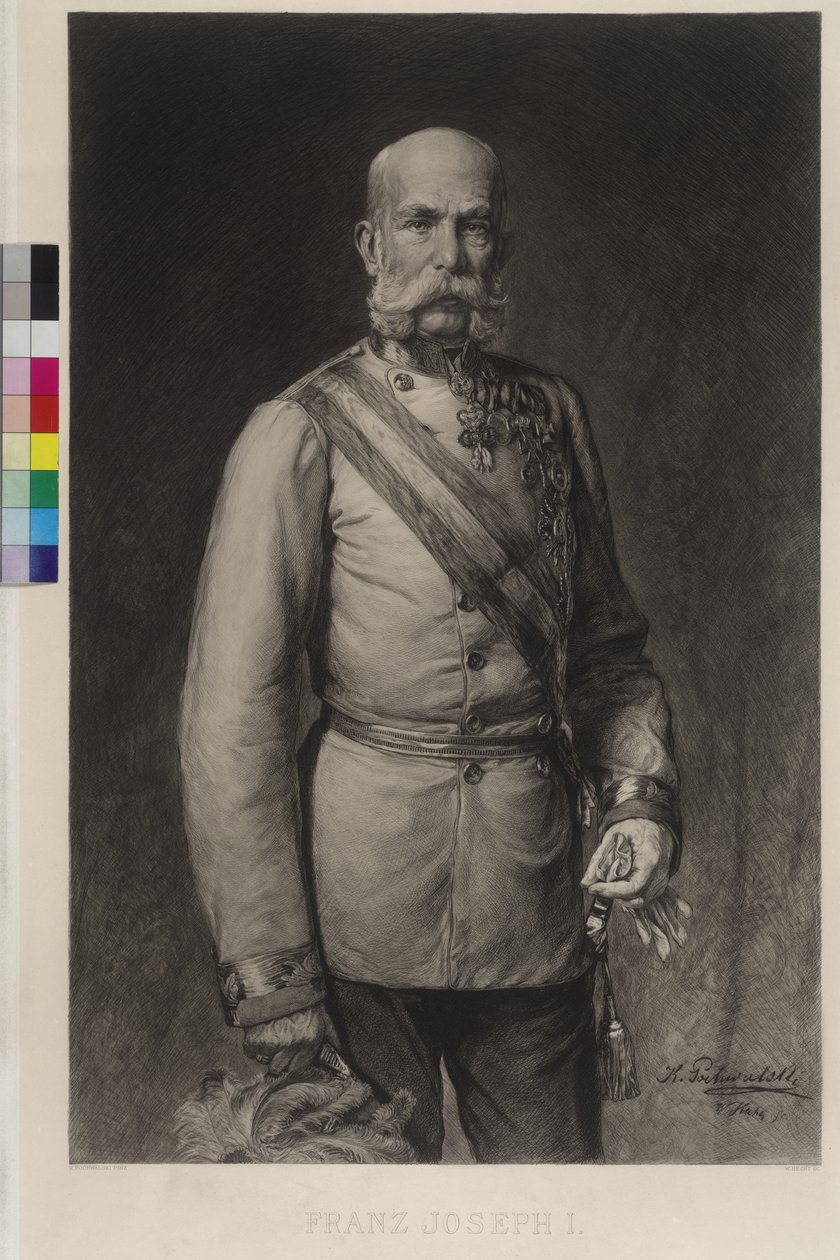 Franz Joseph I in gala-uniform van een veldmaarschalk, de gala-hoed in de hand door Wilhelm Hecht