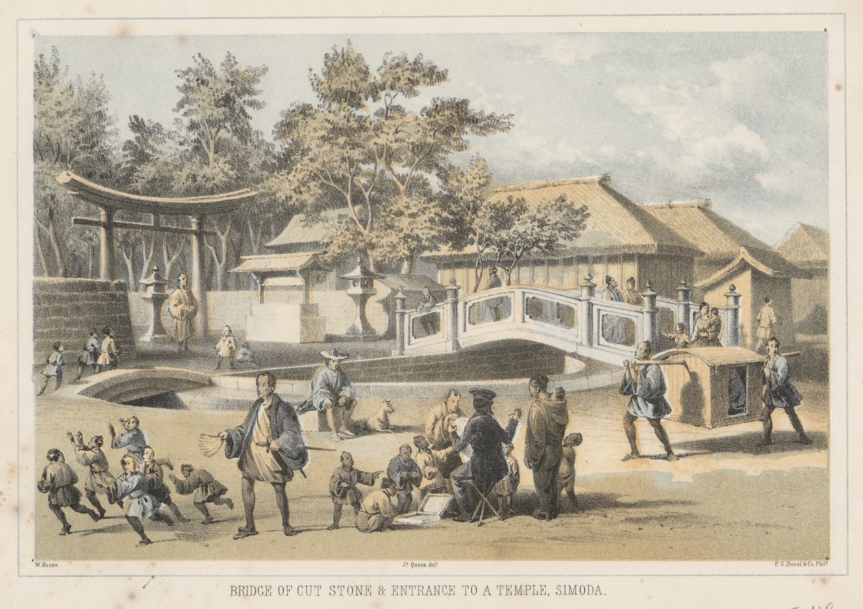 Brug van gehouwen steen en ingang van een tempel, Simoda, 1855 door Wilhelm Joseph Heine