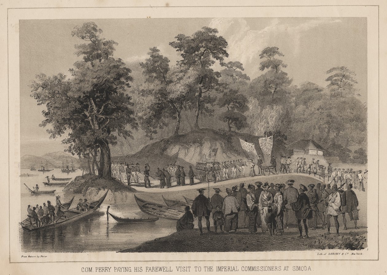 Com. Perry brengt zijn afscheidsbezoek aan de Keizerlijke Commissarissen in Simoda, 1855 door Wilhelm Joseph Heine