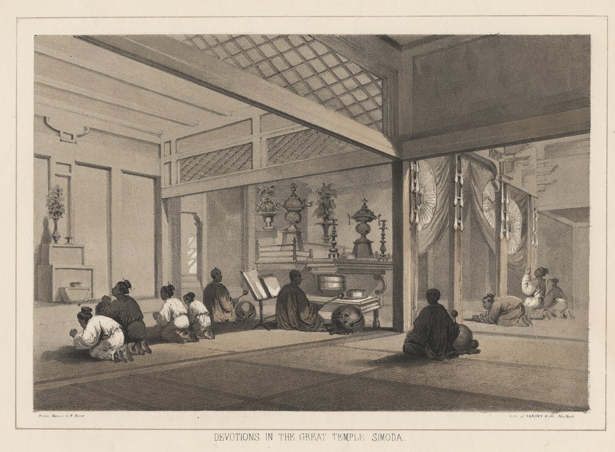 Devoties in de Grote Tempel, Simoda, 1855 door Wilhelm Joseph Heine