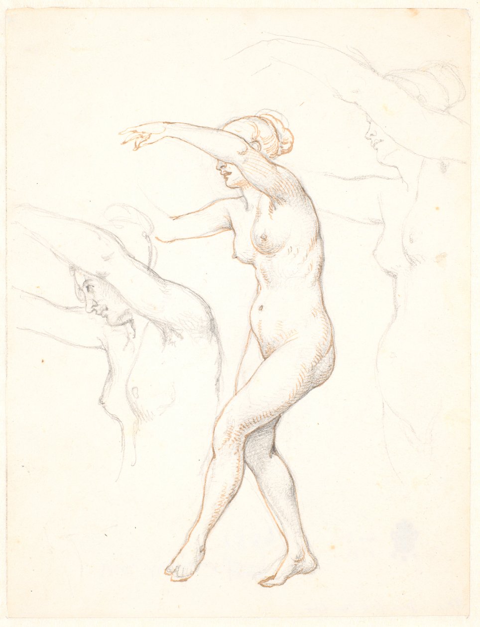 Blad met drie studies van naakte dansende vrouw door Wilhelm Marstrand