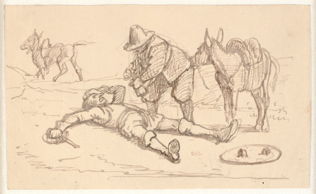 Don Quichot ligt gewond en wordt geholpen door Sancho door Wilhelm Marstrand