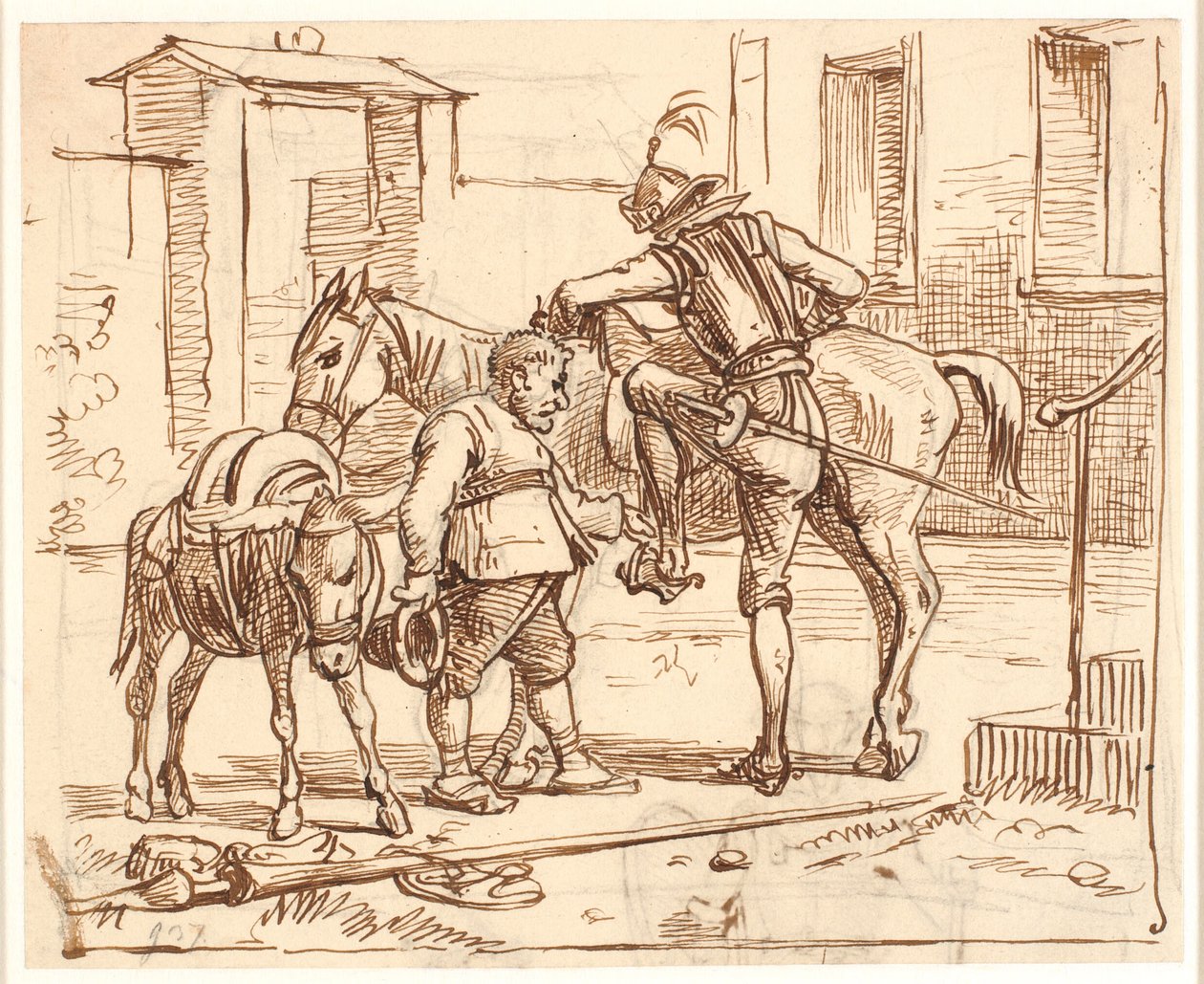 Don Quichot stijgt te paard door Wilhelm Marstrand