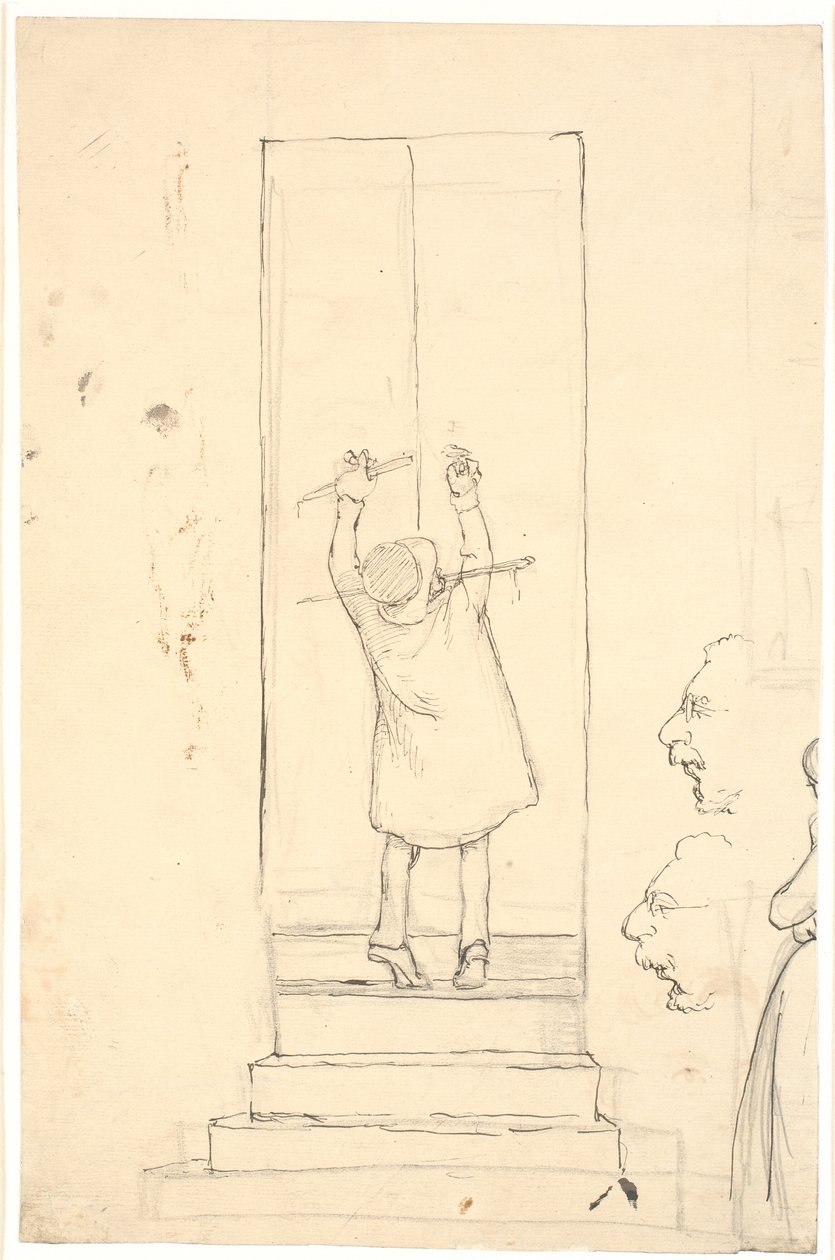 Een kleine man staat op zijn tenen om een deur met grendel te openen. Schets van profielen en vrouw door Wilhelm Marstrand