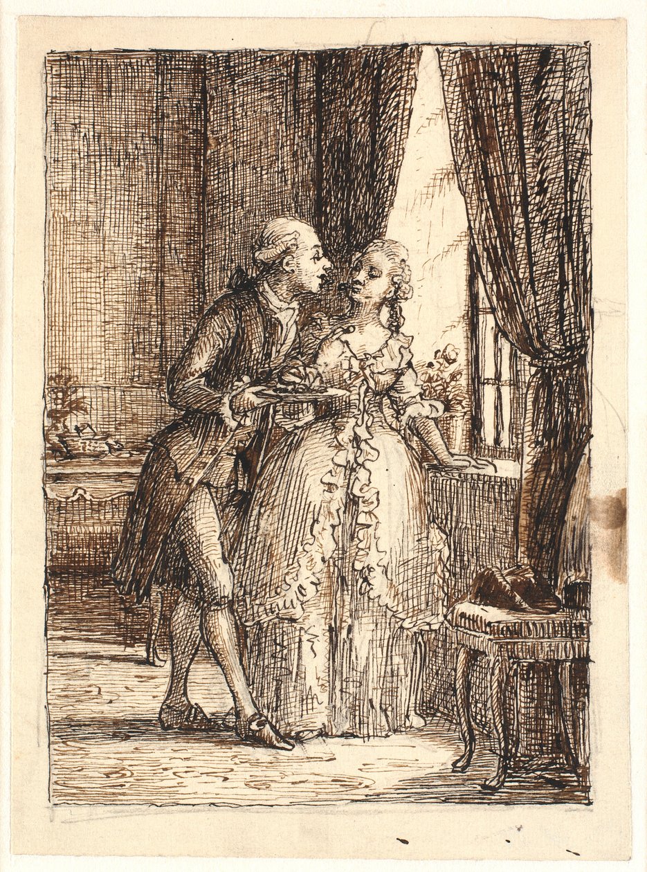 Een jong echtpaar. Kroonprins Frederik (Frederik V) eet kersen met kroonprinses Louise op Charlottenborg door Wilhelm Marstrand