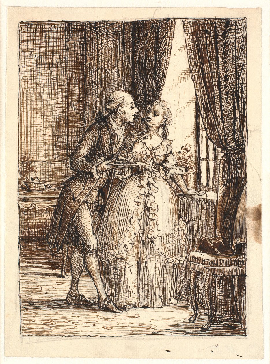 Een jong echtpaar. Kroonprins Frederik (Frederik V) eet kersen met kroonprinses Louise op Charlottenborg door Wilhelm Marstrand