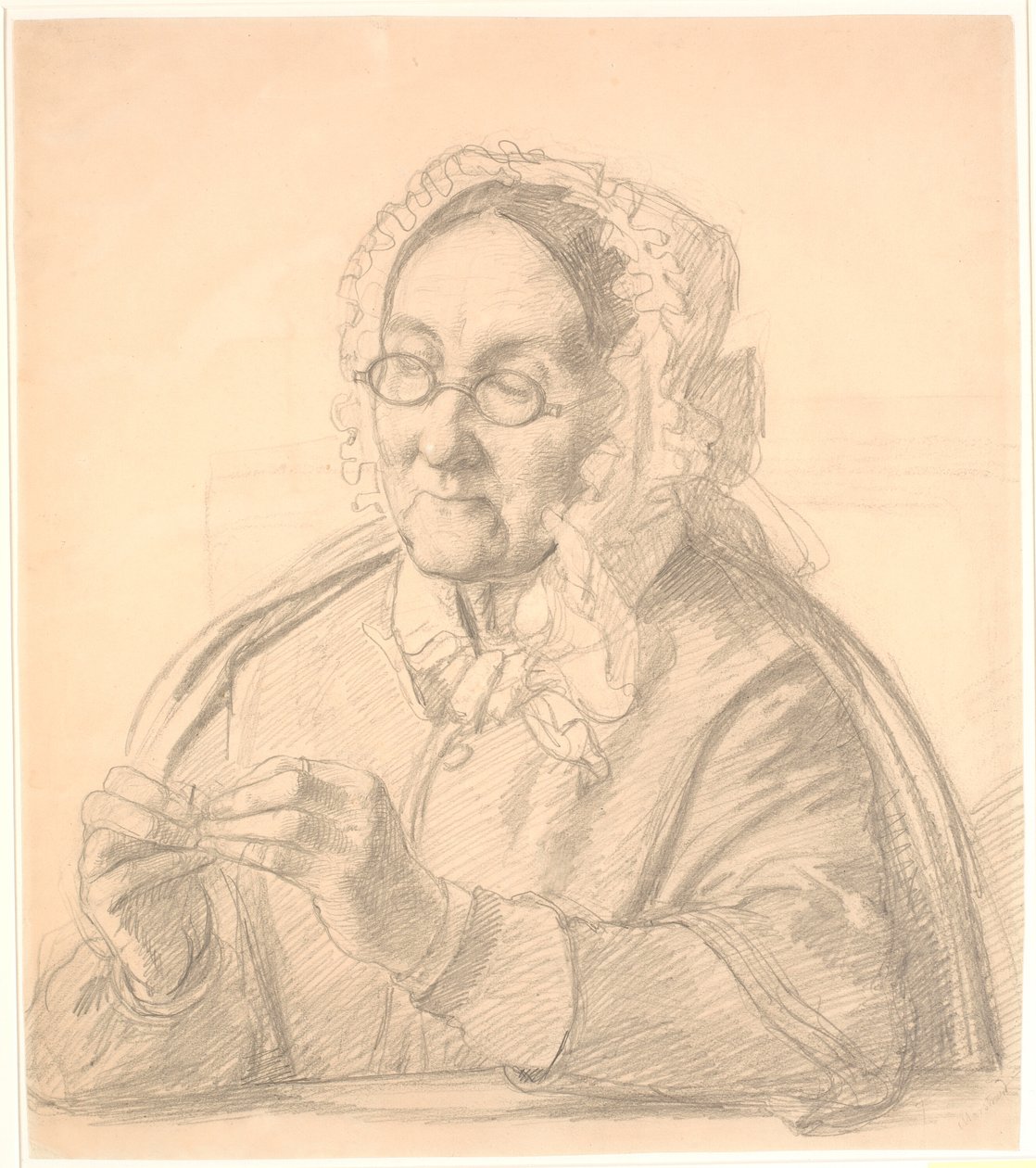 Oude dame die een naald inrijgt door Wilhelm Marstrand