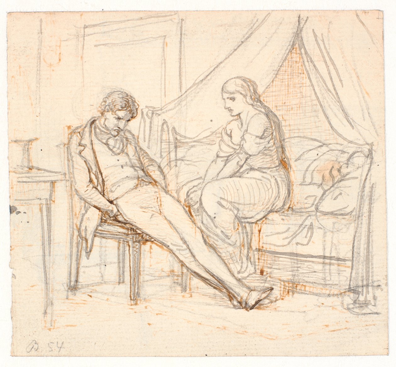 Interieur met sombere jonge man en een meisje op een bed door Wilhelm Marstrand