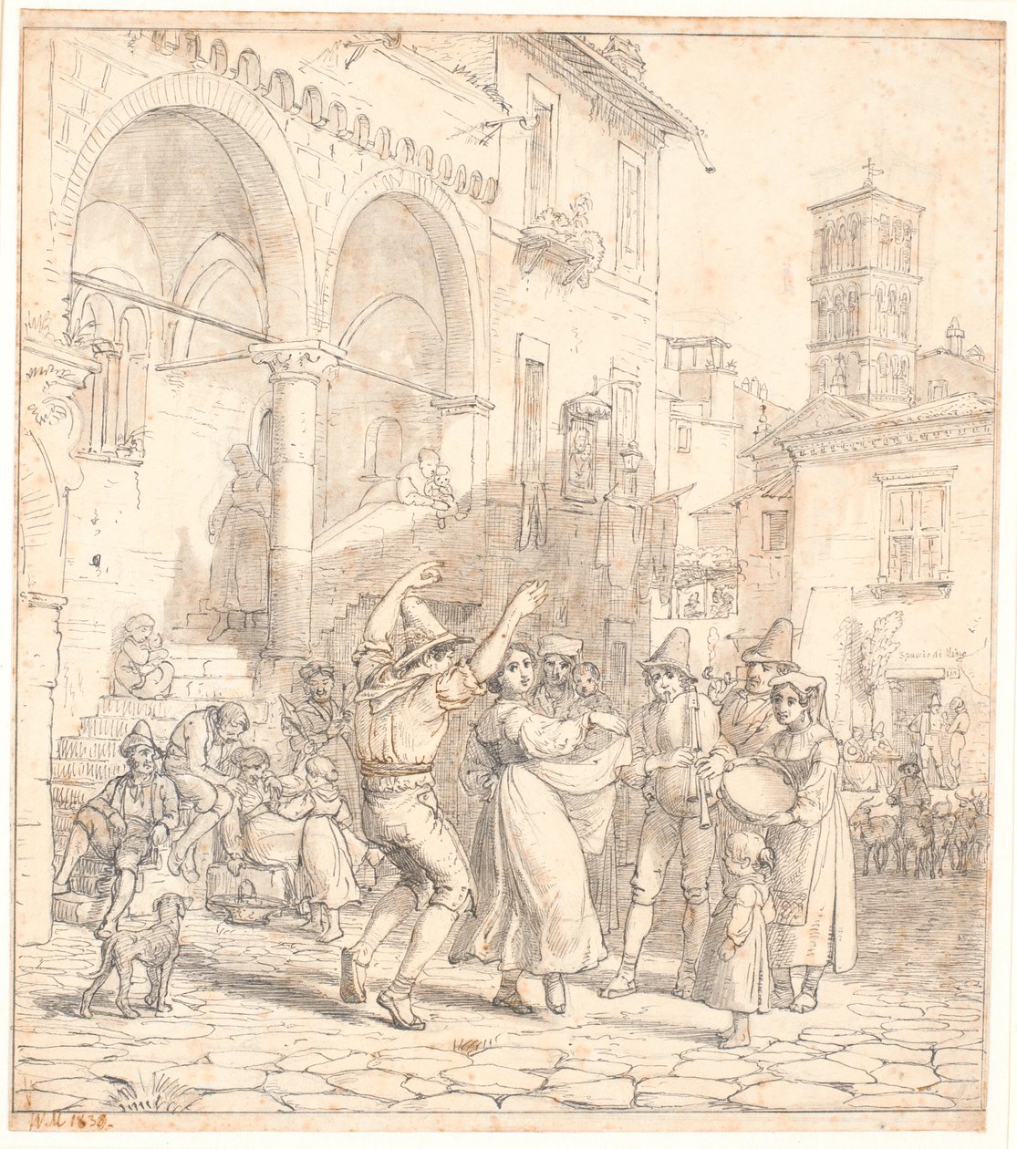 Italiaanse straatmuzikanten op een plein door Wilhelm Marstrand