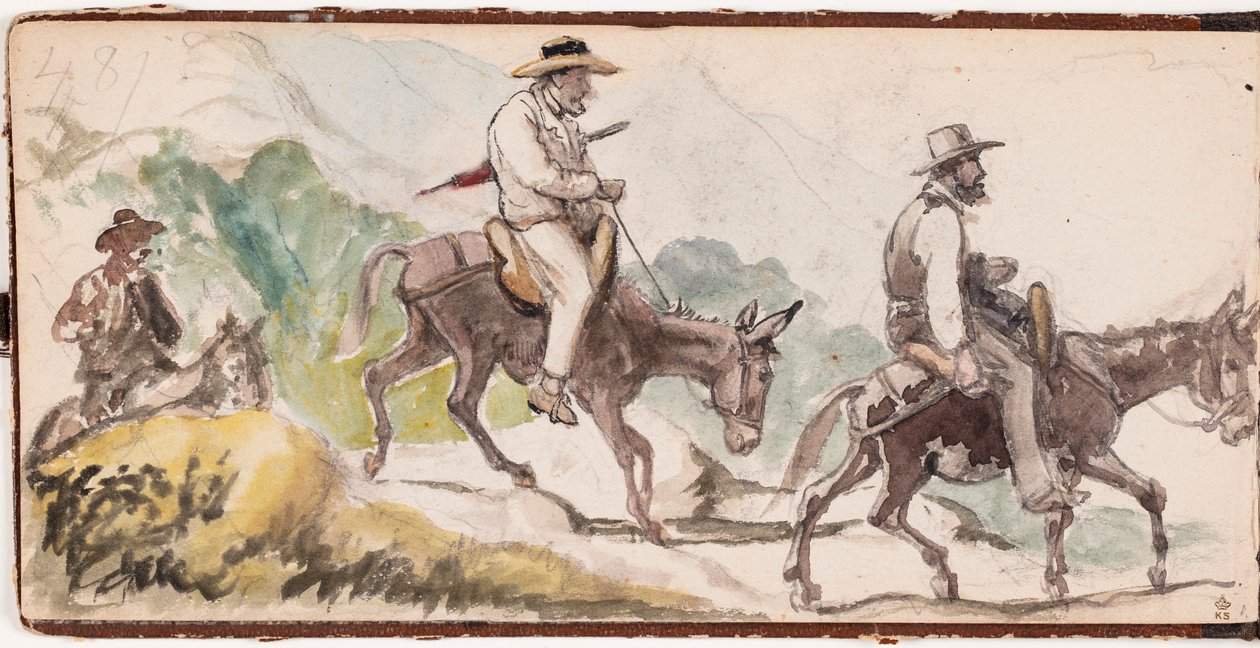 P.C. Skovgaard en A. Kittendorff op ezels in een berglandschap door Wilhelm Marstrand