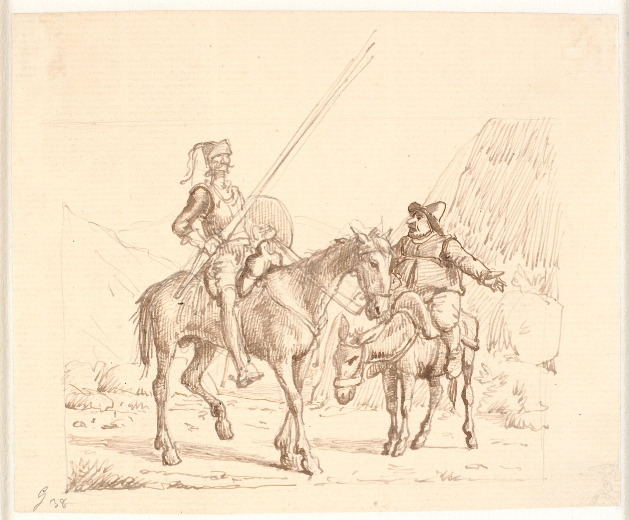 Sancho op de ezel legt Don Quichot iets uit door Wilhelm Marstrand