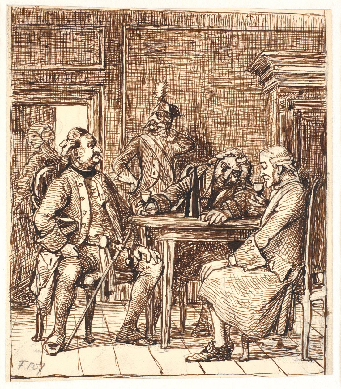 Scène uit de kraamkamer. Corfitz drinkt Rijnwijn met de officier en Jens Olsen door Wilhelm Marstrand