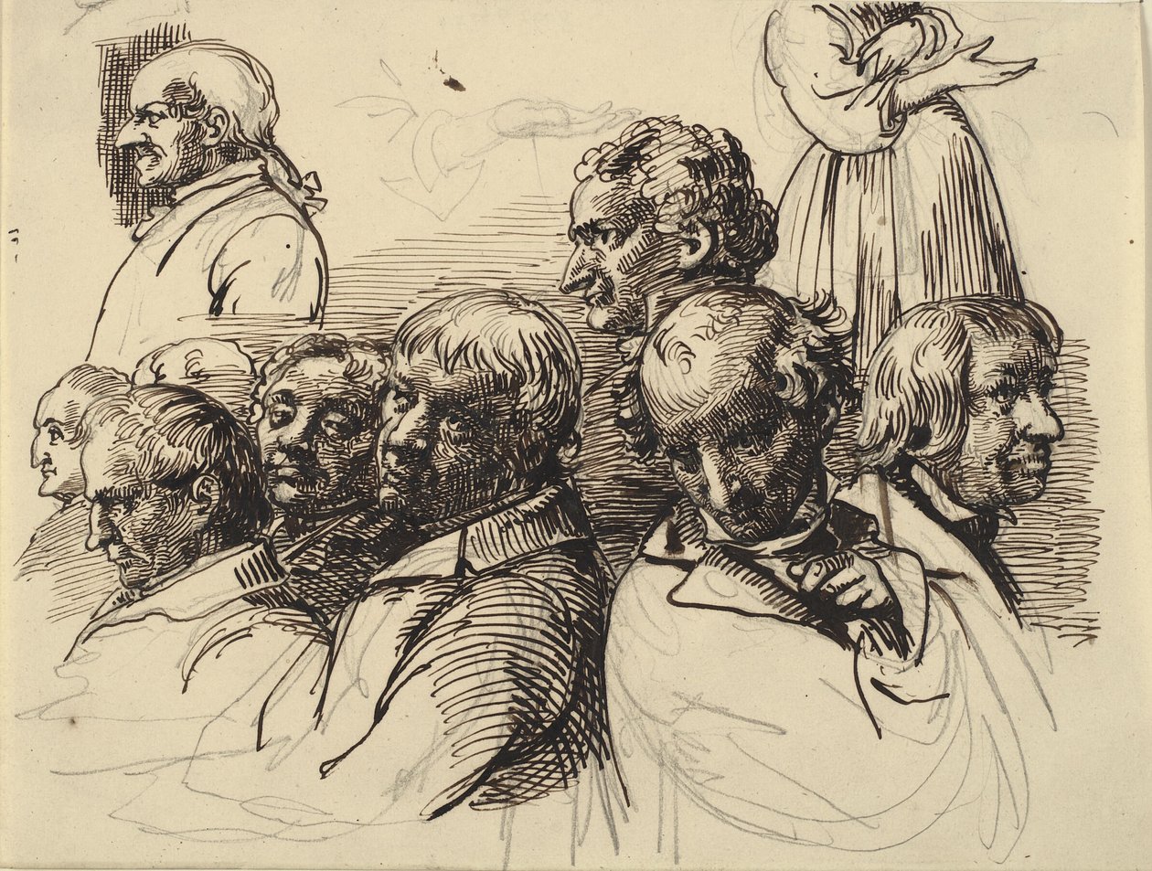 Studieblad met acht mannenhoofden en een vrouw zonder hoofd door Wilhelm Marstrand