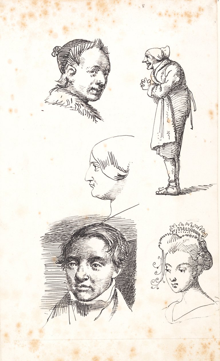 Studieblad met twee mannenhoofden, twee vrouwenhoofden en een staande man door Wilhelm Marstrand