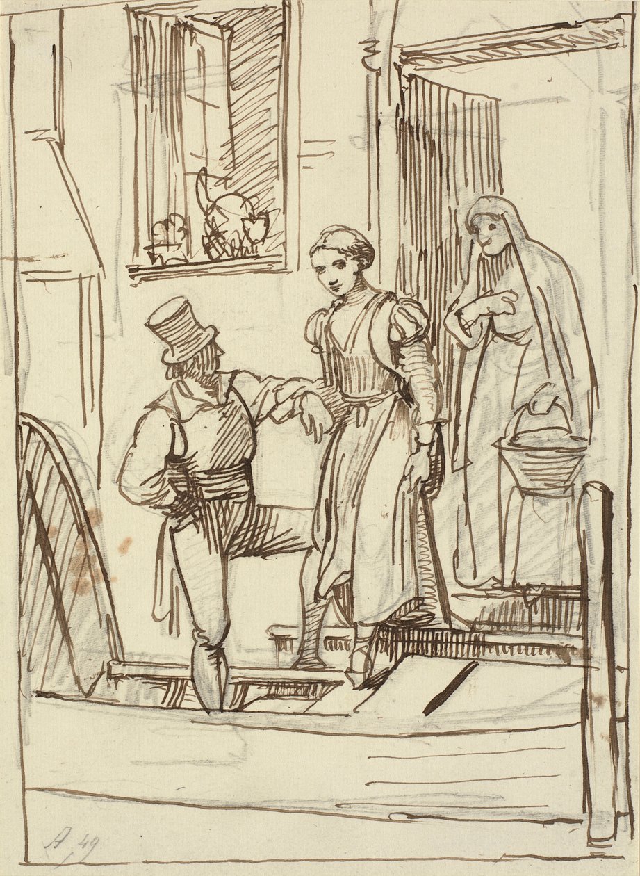 Jong meisje en oude vrouw geholpen door een man in een gondel door Wilhelm Marstrand