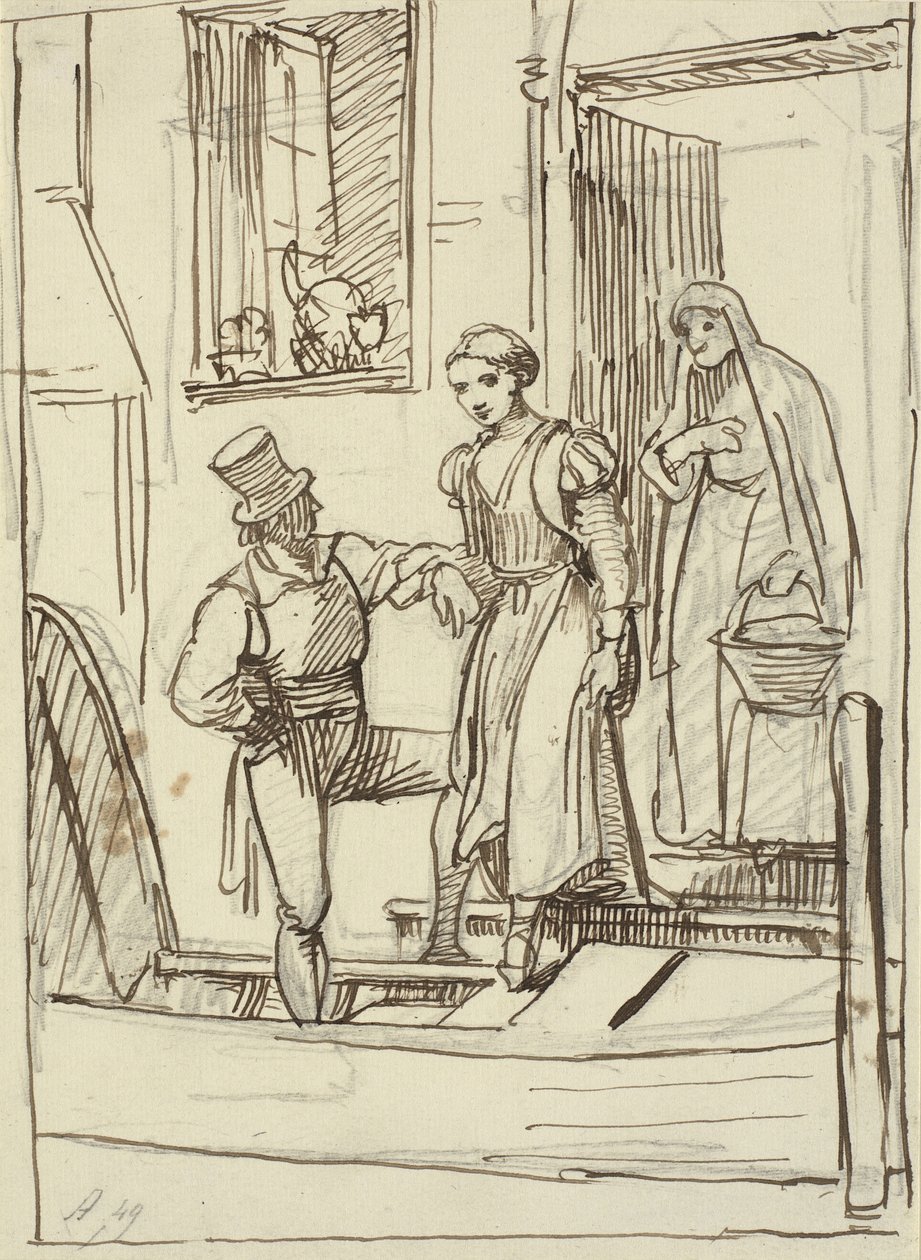 Jong meisje en oude vrouw geholpen door een man in een gondel door Wilhelm Marstrand