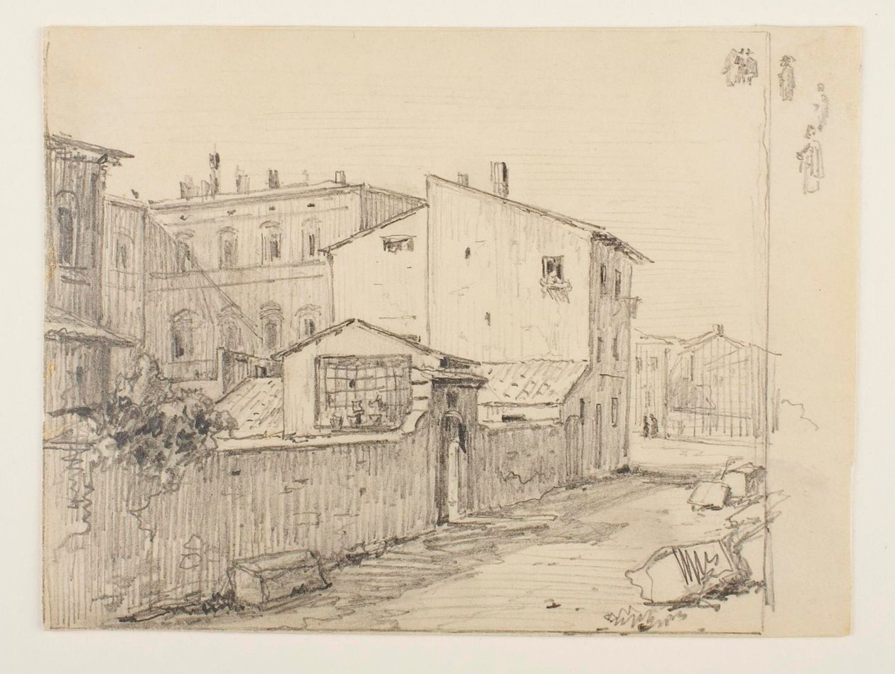 Vicolo delle Colonette di Barberini en Thorvaldsens kleine ateliers voor het Palazzo Barberini door Wilhelm Marstrand
