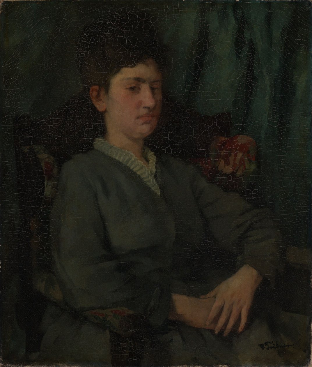 Portret van een dame in een fauteuil door Wilhelm Trübner