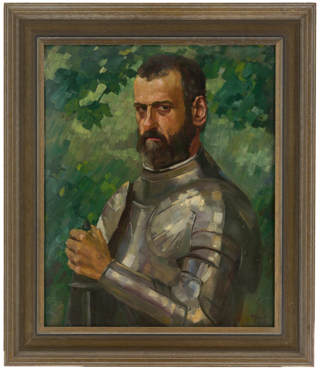 Busteportret van een man in harnas door Wilhelm Trübner