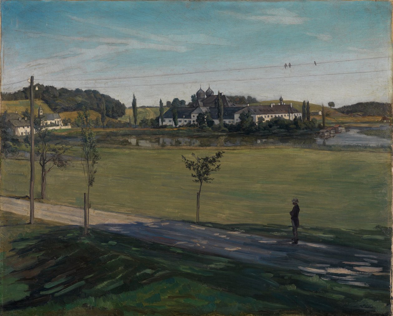 Landschap bij klooster Seeon met telegraafpaal door Wilhelm Trübner