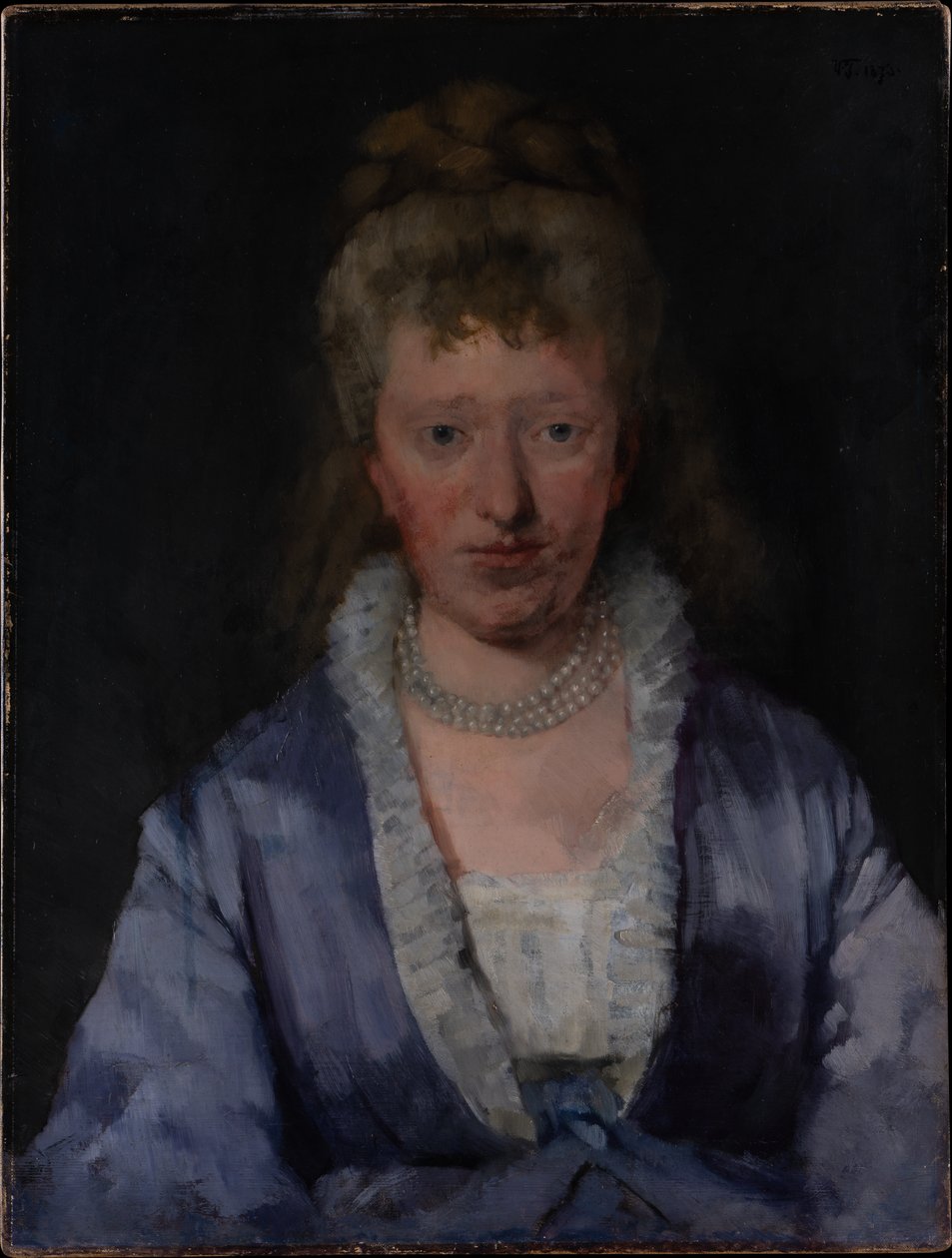 Portret van een dame in een violette jurk door Wilhelm Trübner