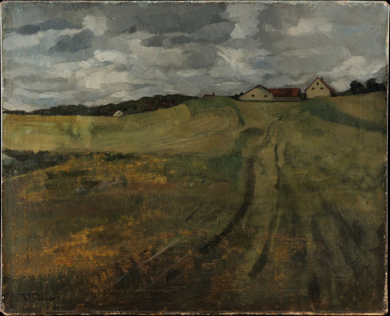 Stoppelveld met stijgend pad bij Weßling door Wilhelm Trübner