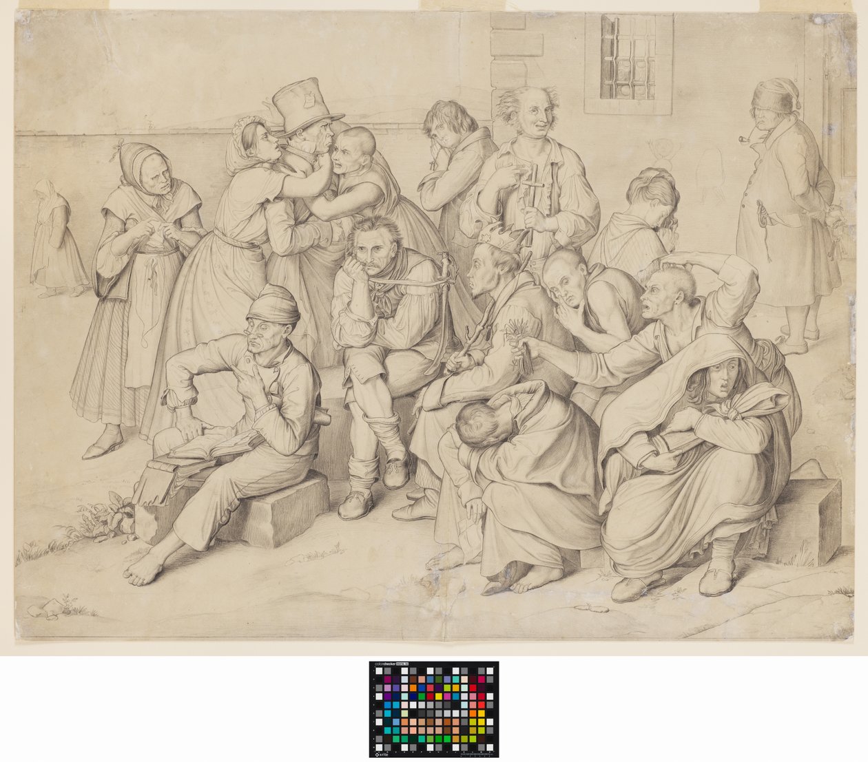 Het gekkenhuis (grafiet op wit velijnpapier, opgeplakt) door Wilhelm von Kaulbach
