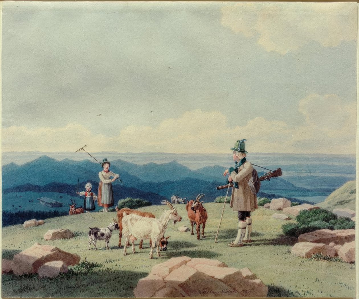 Jager met herderin en kind op de Hirschberg door Wilhelm von Kobell