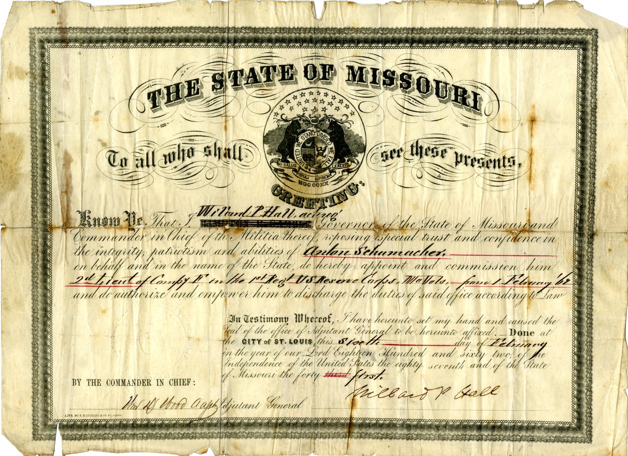 Militaire commissie van Anton Schumacher als 2e luitenant van Compagnie F in het 1e Regiment U.S.R.C., Missouri Volunteers, 6 februari 1862 door Willard P. Hall