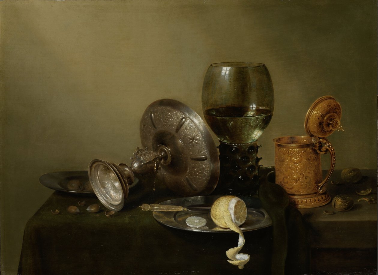 Stilleven met vergulde biertankard door Willem Claesz. Heda