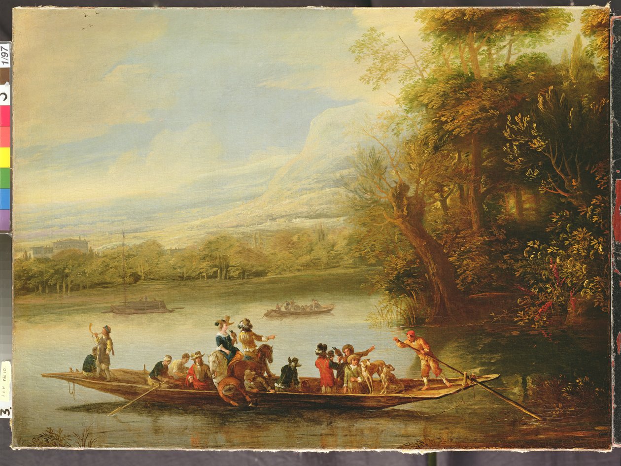 Een landschap met een drukke veerboot die het water oversteekt op de voorgrond door Willem Schellinks