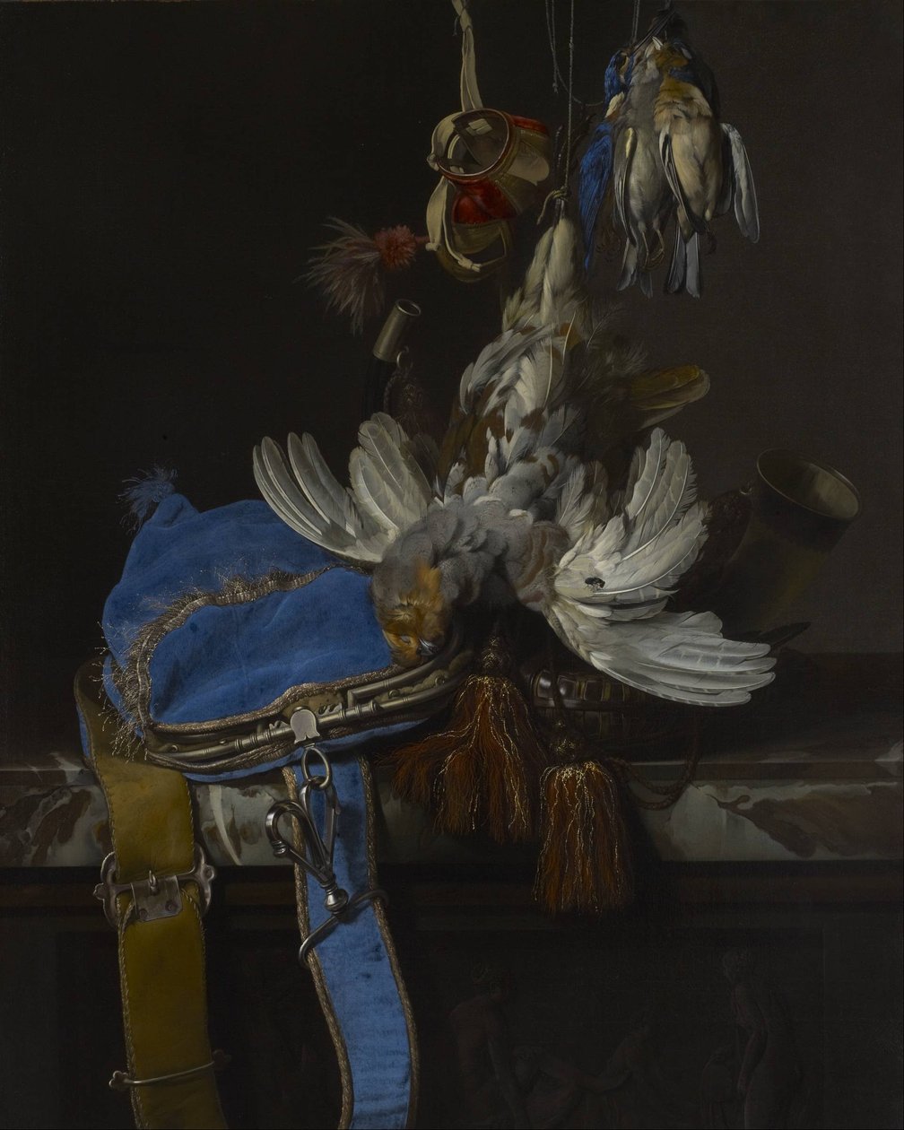 Jachtstilleven met een fluwelen tas op een marmeren rand door Willem van Aelst