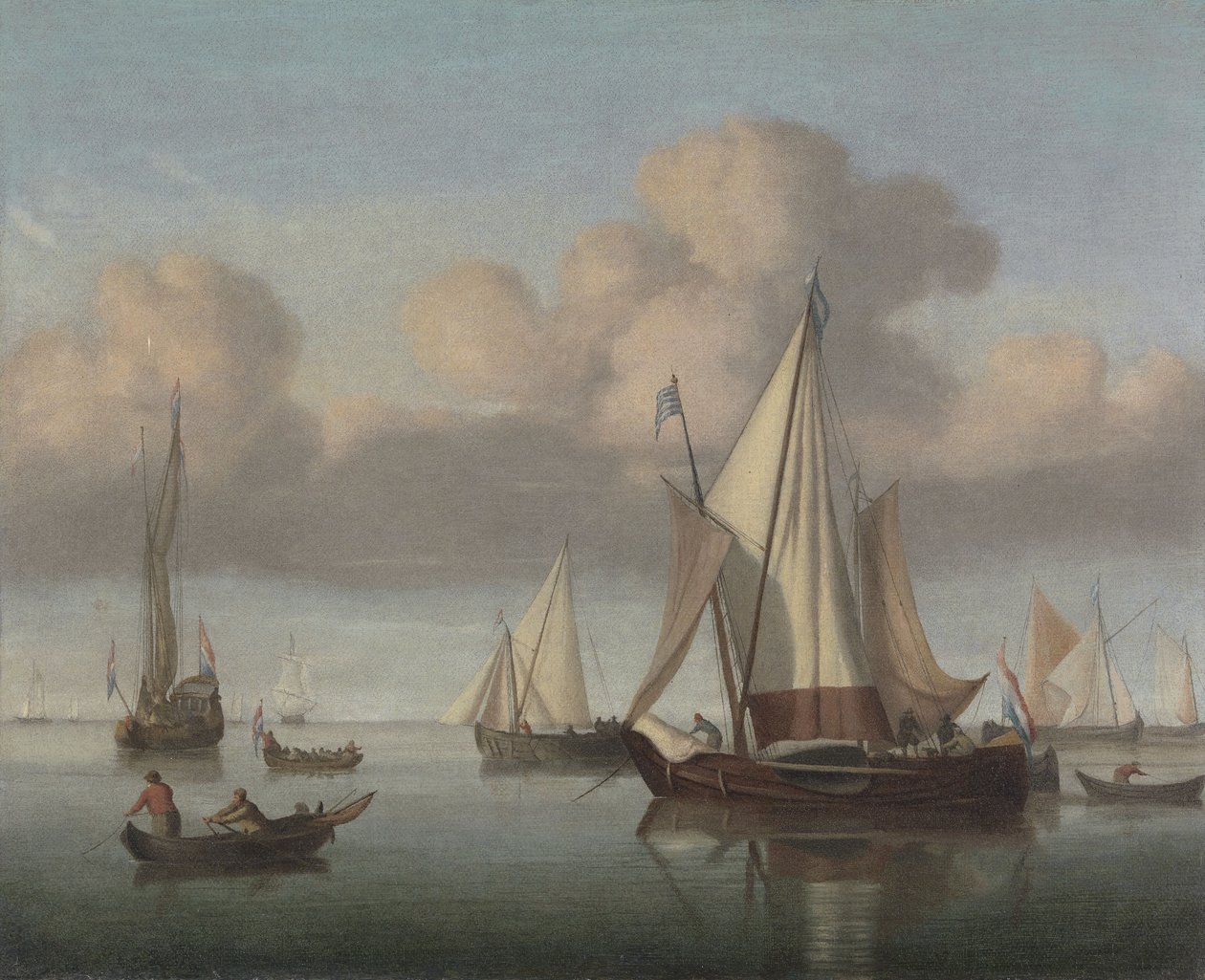 Een Kaag voor anker met gehesen zeilen en een staatsjacht en ander vaartuig door Willem van de Velde the Younger